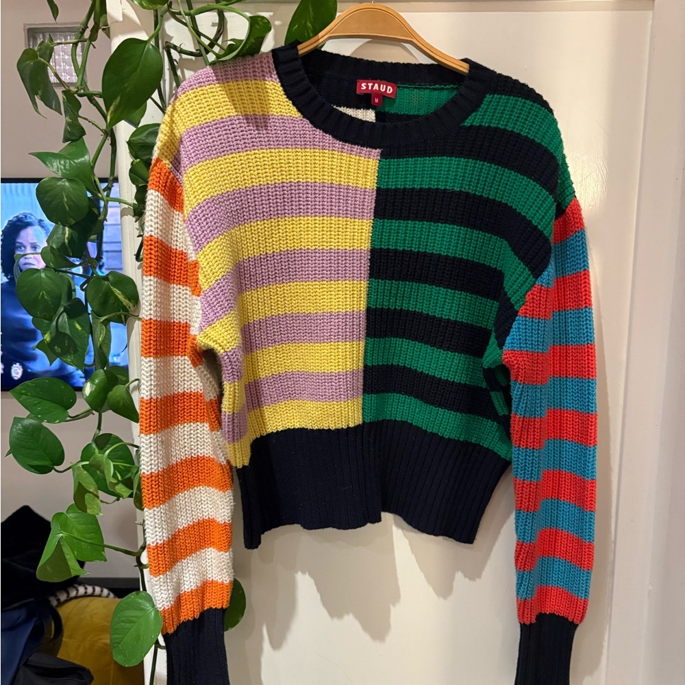 STAUD Colorful Striped Crew Neck Sweater